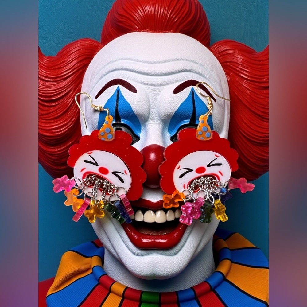 Colorful Vomiting Balloon Animals Clown Face Earrings